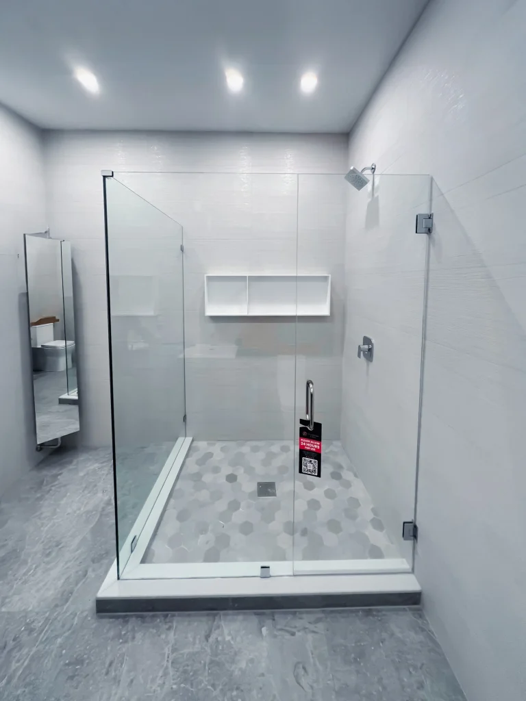 High-quality clear crystal glass shower door with modern minimalist design for bathrooms.