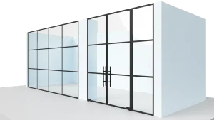Modern glass room with black metal framing and double doors.