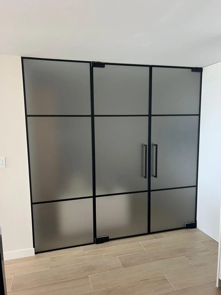 Modern frosted glass mirror closet with black frame.