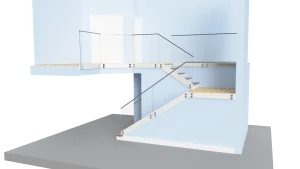 Clear glass staircase with contemporary glass railing and custom mirrors for upscale interior design.