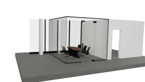 Modern glass-walled office meeting space with black chairs and wooden table.