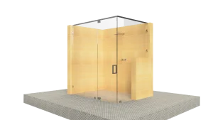 Stylish glass shower with wooden panels and sleek hardware, perfect for contemporary bathrooms.