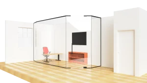 Glass office interior with clear walls, modern furniture, and a sleek, minimalist style for professional use.