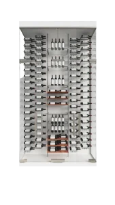 Luxury wine refrigerator with glass door and stainless steel accents. Perfect for wine storage and display.