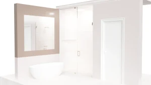 Wide bathroom mirror and glass shower enclosure in modern space.
