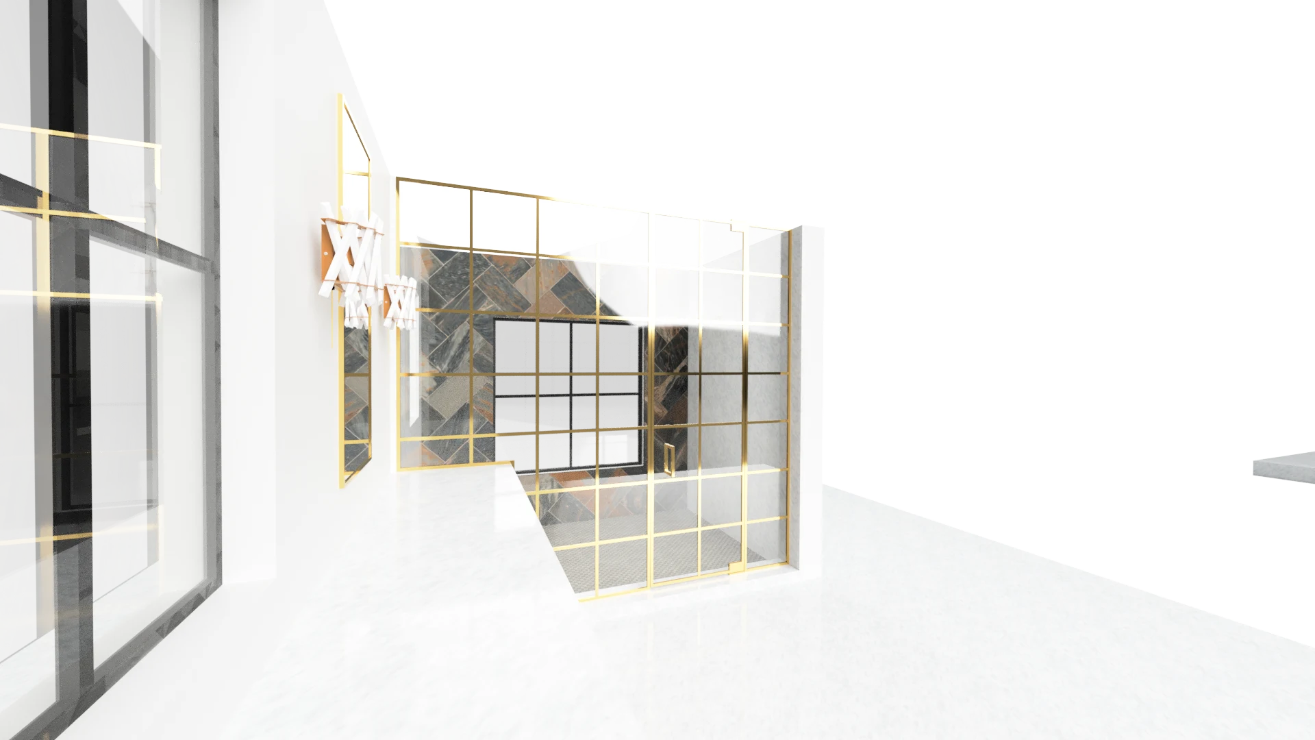 Luxurious glass and mirror partition with gold accents for modern interiors.
