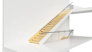 Stainless steel and glass staircase featuring wooden steps and safety glass panels perfect for contemporary homes.