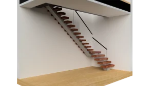 Stunning glass and wood staircase with sleek black handrails, modern home interior design.