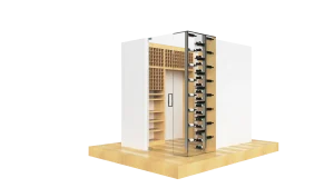 High-quality wine cabinet featuring glass doors, wine racks, and customizable shelving for wine display.