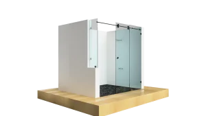 Modern glass shower door with frameless design, durable hinges, and sleek aesthetic.