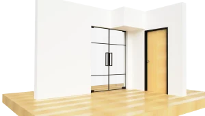 Modern black-framed glass doors for interiors and offices. Elegant, durable, and customizable glass solutions.