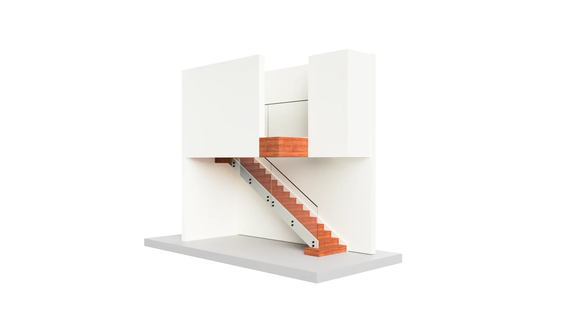 Elegant glass staircase featuring wooden steps and contemporary railing design.