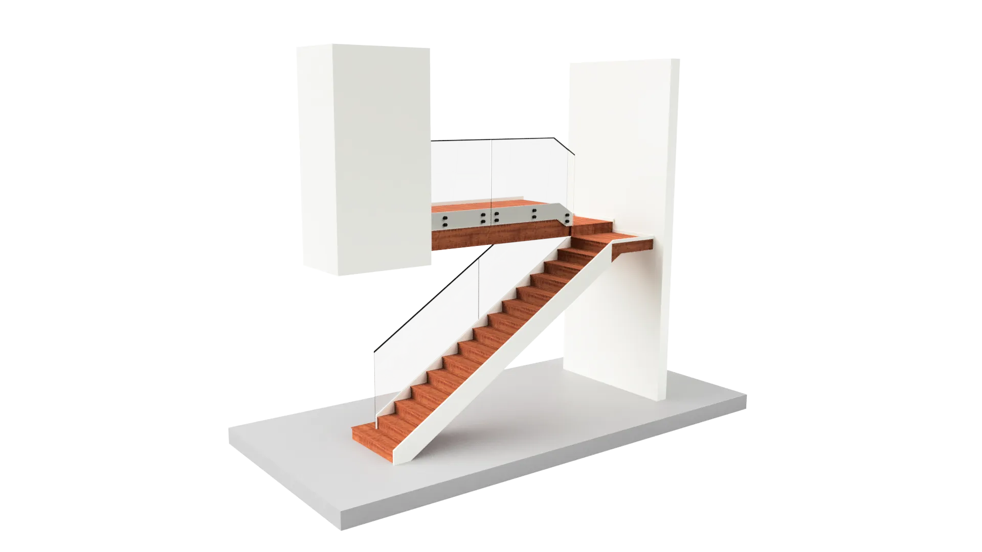 Elegant glass staircase with wooden steps and safety rail for interior design.