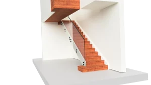 Elegant glass and wood staircase with sleek glass balustrade, perfect for contemporary interiors.