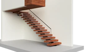 Stunning wooden staircase with glass features and floating steps for contemporary interiors.