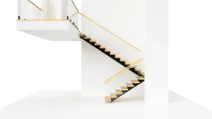 Transparent glass staircase with wooden steps and gold handrails, contemporary interior decor.