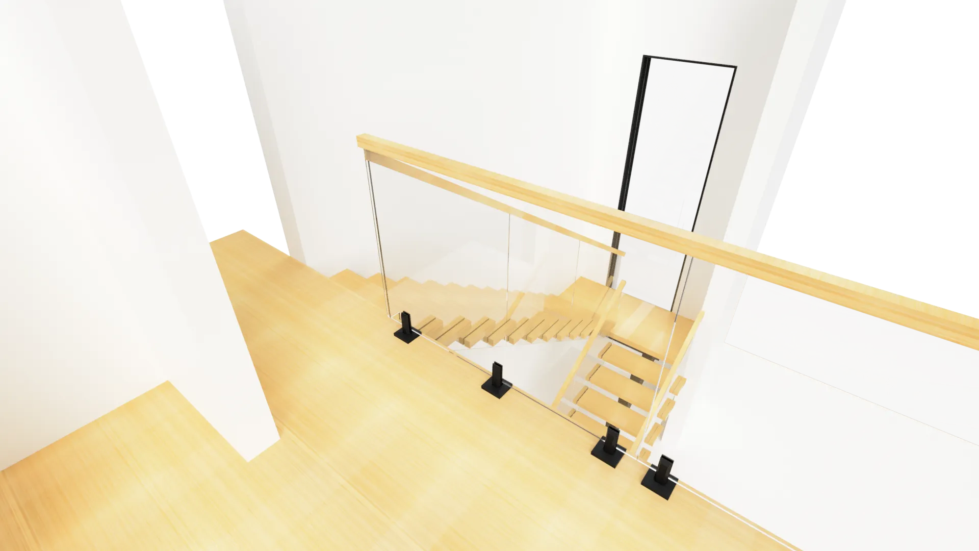 Bright and stylish glass staircase with wooden handrail, perfect for contemporary homes and offices.