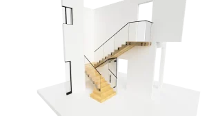 Transparent glass staircase with modern black metal handrails and natural wood steps.
