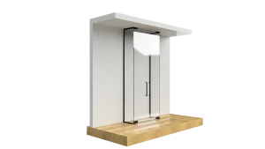 Modern glass door with black frame and handles in a sleek interior setting.