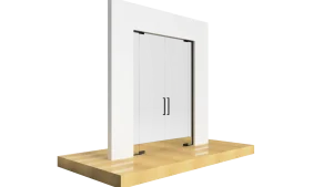 Modern black glass elevator door with sleek handles and white wall background.