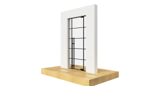 Modern black-framed glass door with white wall and wooden flooring for stylish interiors.