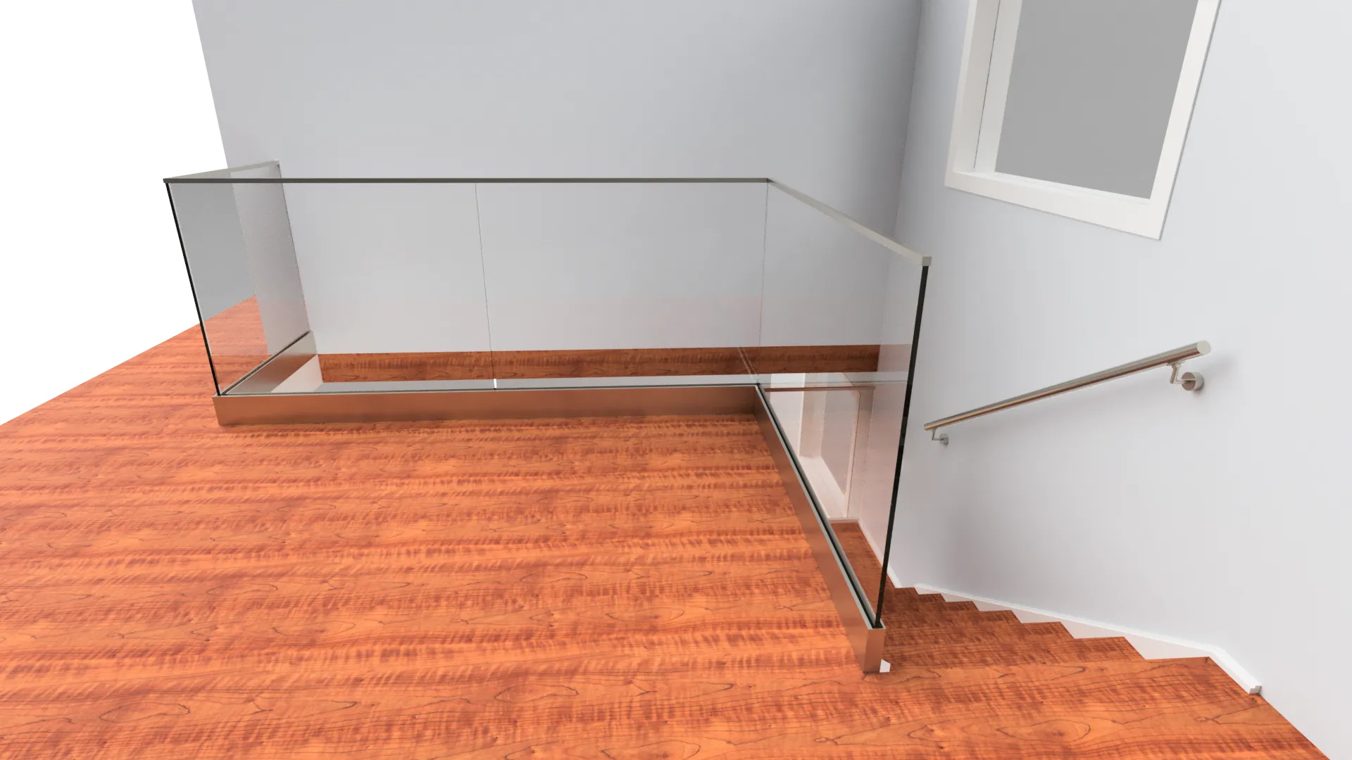 Deluxe glass stair railing with stainless steel handrail for modern interiors. Enhances safety and aesthetics.