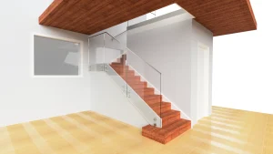 Modern glass staircase with wood steps, sleek glass panels, and contemporary design in a minimalist interior.