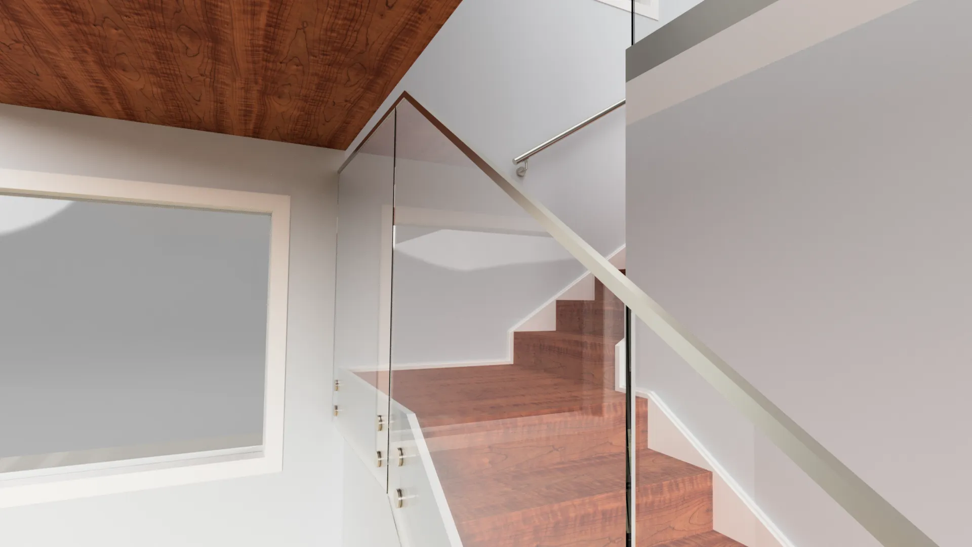 Bright residential interior with glass balustrade, wooden stairs, and stylish wall mirrors, creating a sleek modern look.