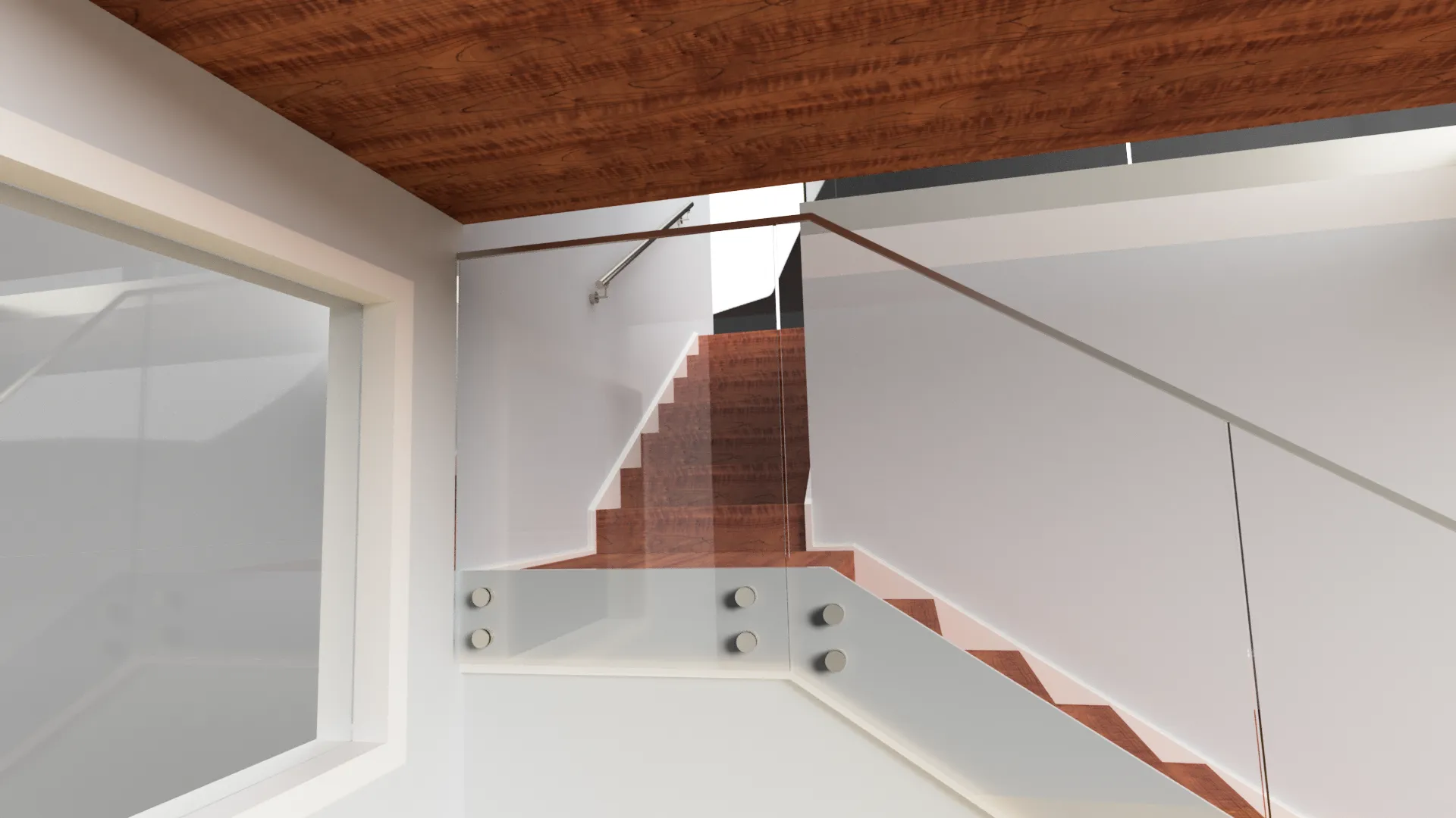 Stylish glass and wood staircase enhances contemporary interior aesthetics with safety features.