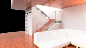 Elegant glass staircase with wooden steps, metal railing, and sleek design. Suitable for modern interiors.