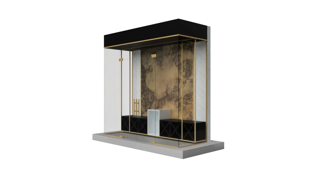 Glass mirror display with black and gold frame, modern design, showcasing quality craftsmanship.
