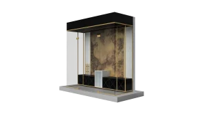 Glass mirror display with black and gold frame, modern design, showcasing quality craftsmanship.