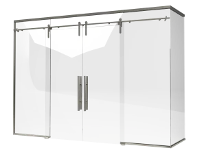 Elegant stainless steel mirror cabinet with glass doors and handles.