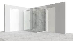 Elegant glass shower with marble accents for modern bathroom design.