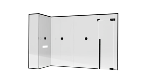 Elegant black-framed glass mirror and shower door enhance contemporary bathroom design.