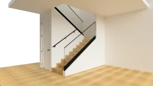 Modern staircase with glass railing in minimalist interior design.