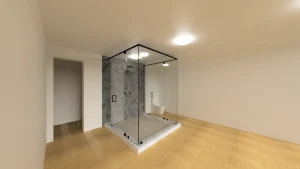 High-quality glass shower with sleek black hardware in modern bathroom design.