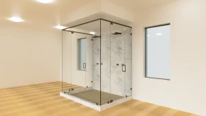Highly durable glass shower with marble wall accents, modern hardware, and spacious design. Perfect for luxurious bathrooms.