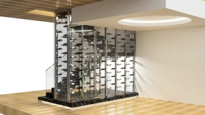 Custom wine display cabinet with glass doors and mirrored back for luxury wine storage.