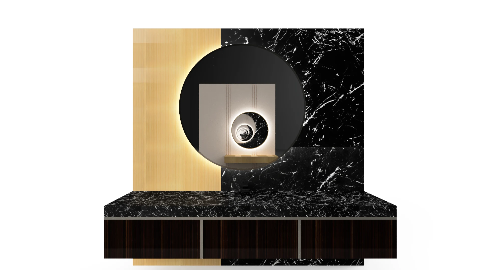 A stylish black and marble crystal glass mirror with modern wall art design for luxury home decor.