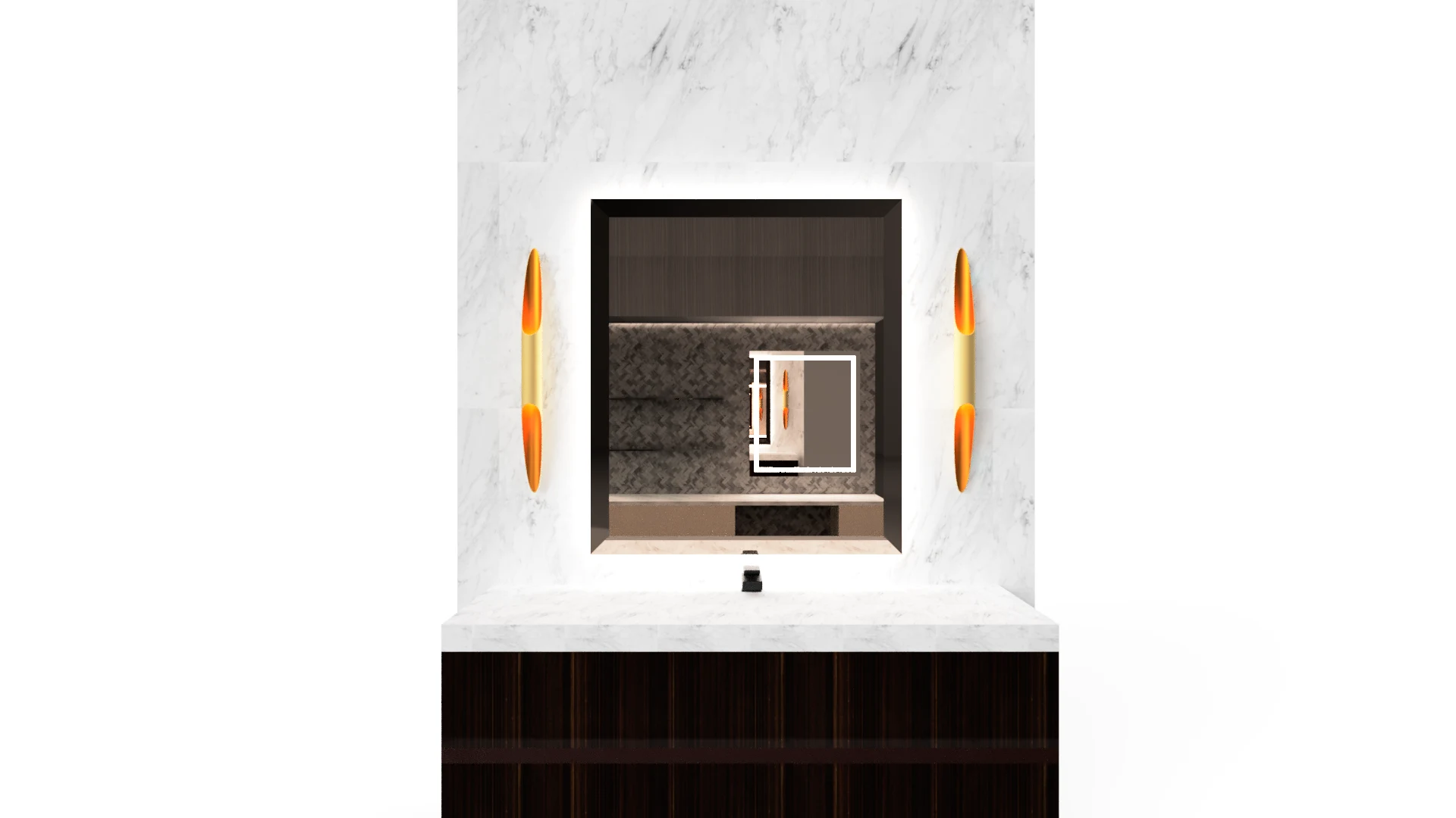 Reflective wall mirror with built-in lighting and modern marble wall, ideal for upscale interior spaces.