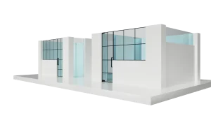 Sleek white building with large glass windows and mirrors.