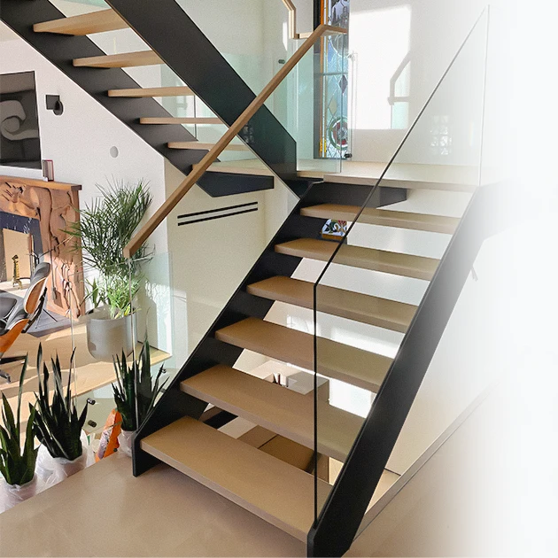 The San Diego floating stairs redefine modern design with their double lateral steel stringers—a perfect balance of structure and light.