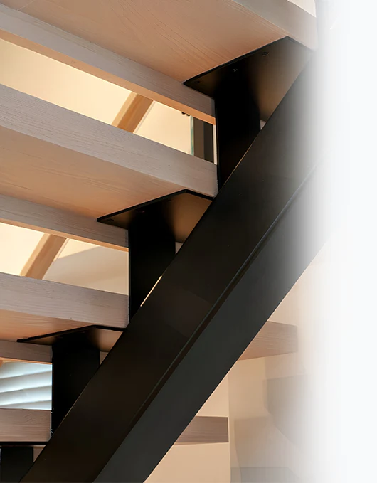 The Tokyo stairs combine tubular steel integrity with geometric craftsmanship. Built around a central spine, each step is engineered for open-concept impact.