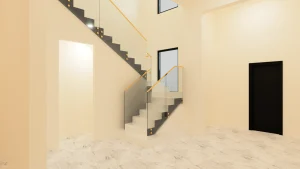 Stylish glass staircase with black accents and wooden handrails at a contemporary home.