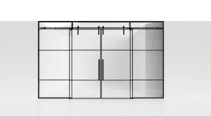 Modern black-framed glass mirror and door for stylish interior decor. Durable, elegant, perfect for homes or commercial spaces.