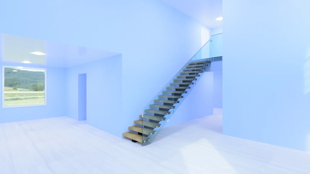 Bright interior with glass stairs and contemporary aesthetic.