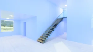 Bright interior with glass stairs and contemporary aesthetic.