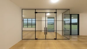 Modern glass door with black frame and handles, ideal for stylish room entrances. Custom mirror and glass solutions available.