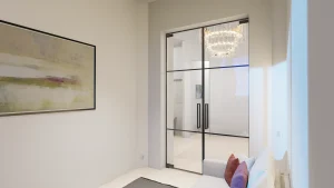 Modern glass and mirror door with black metal frame, adding elegance to contemporary interiors.